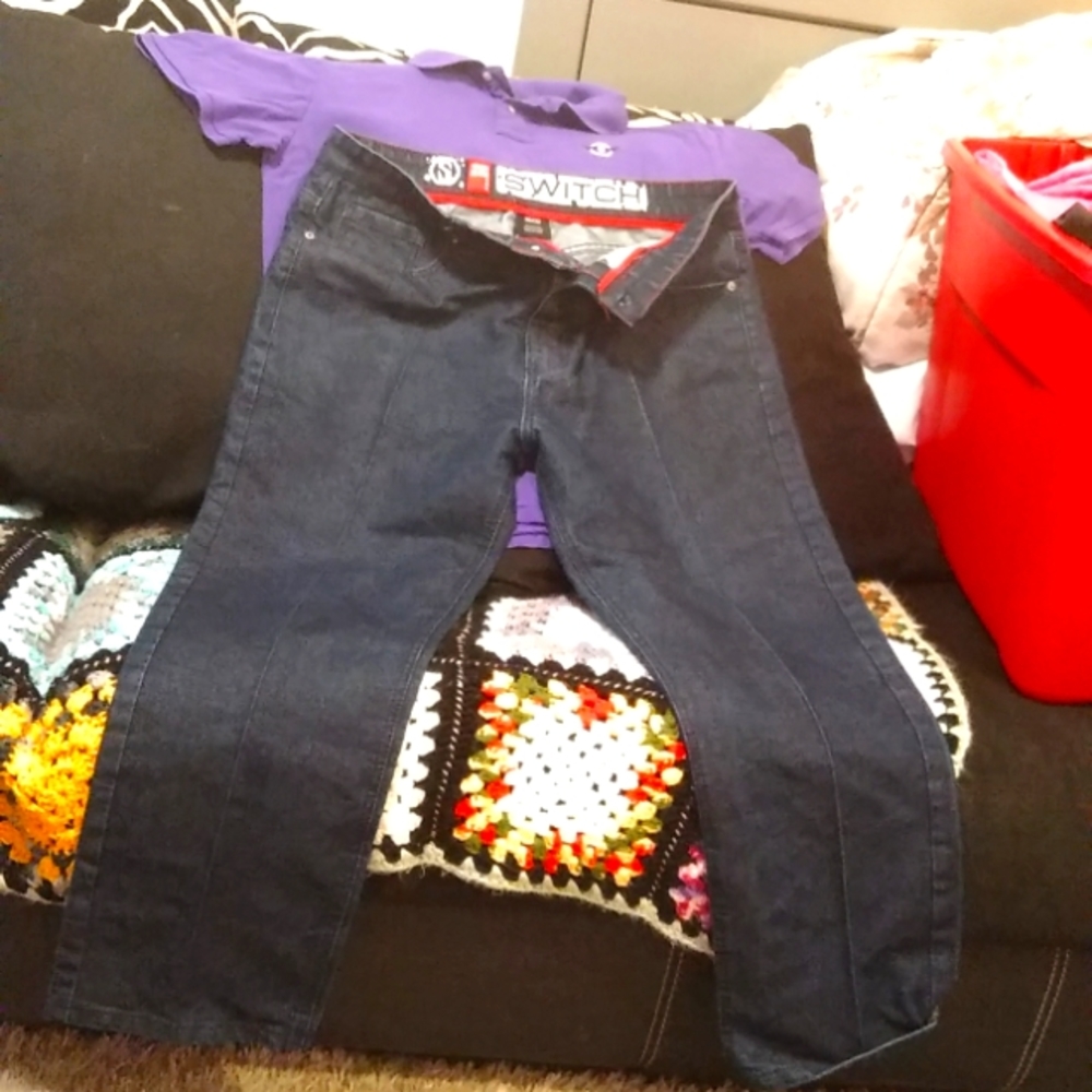 Purple polo shirt, switch men's jeans